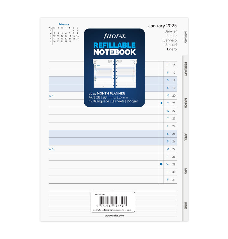 Kalendář měsíc/2 strany A5 2025, Filofax Notebook - 25-15210