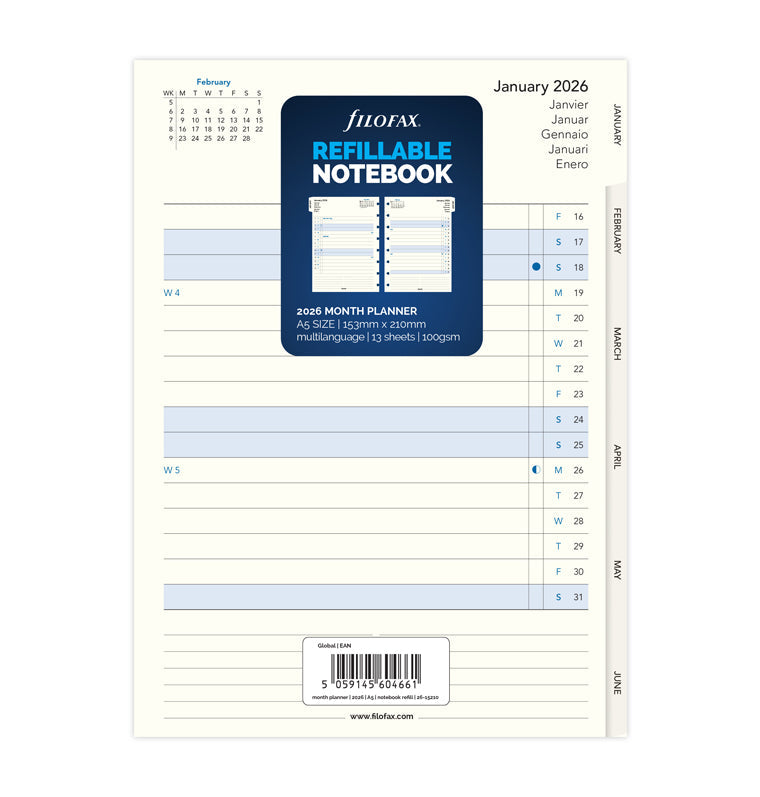 Filofax Kalendář měsíc/2 strany A5 2026, Filofax Notebook 26-15210