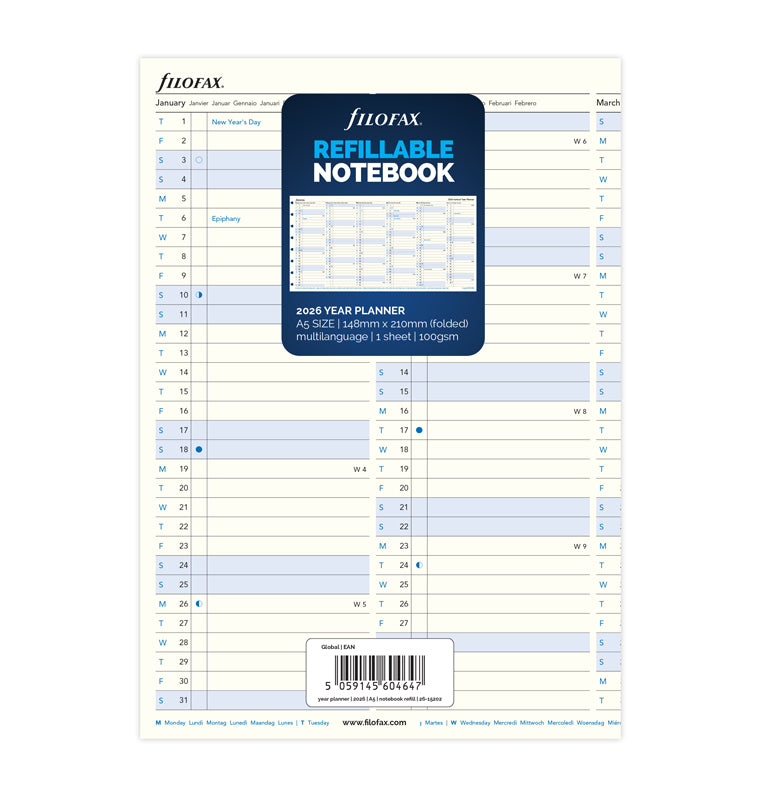 roční plánovací kalendář A5 2026, Filofax Notebook 26-15202