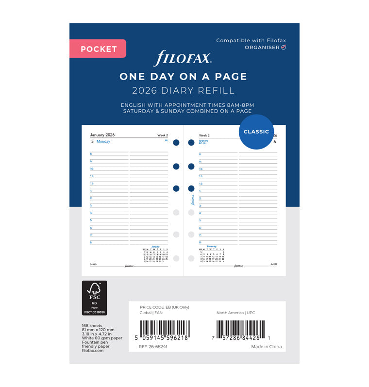 Filofax kalendář den/1 strana s poznámkami 2026, Kapesní, anglický 26-68241