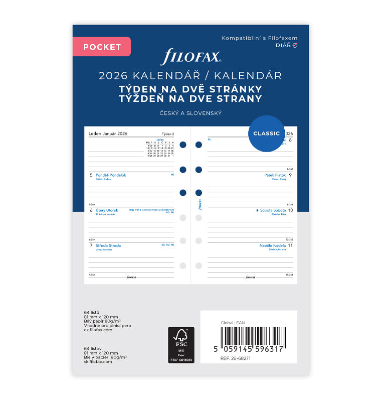 Filofax kalendář 2026 týden/2 strany, Kapesní, ČJ+SJ 26-68271
