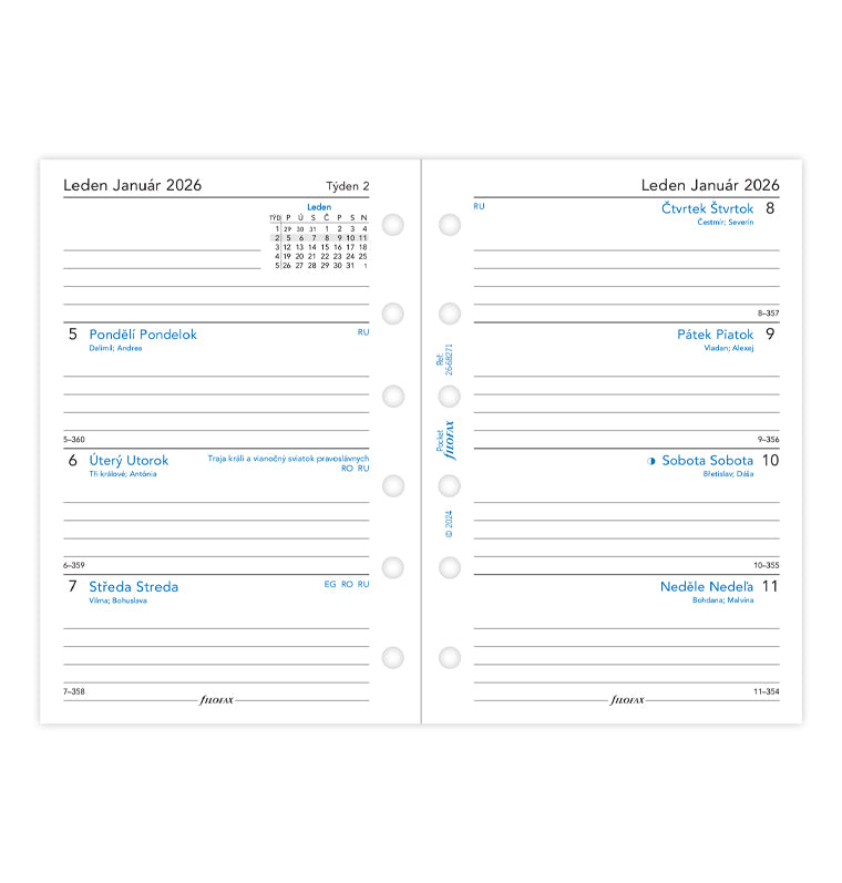 Filofax kalendář 2026 týden/2 strany, Kapesní, ČJ+SJ 26-68271