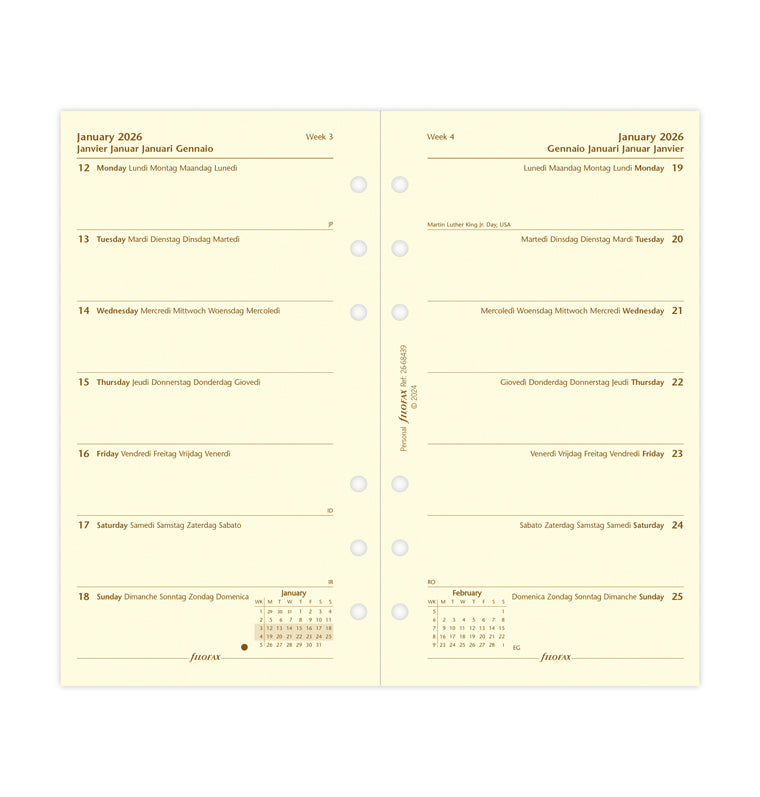 Filofax kalendář týden/1 strana 2026, Osobní, krémový, 5 jazyků 26-68439