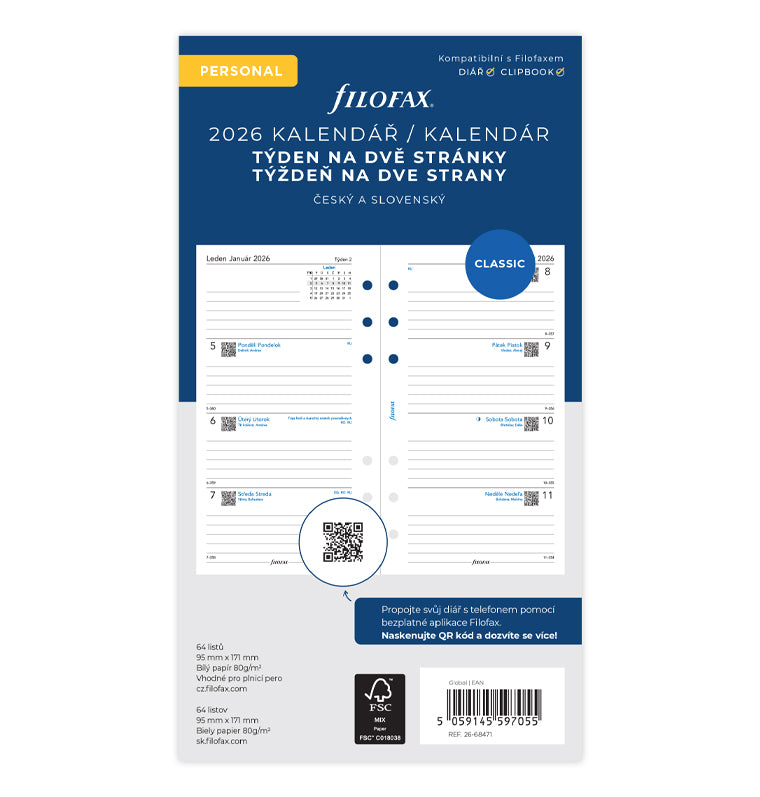 Filofax kalendář 2026 týden/2 strany, Osobní, ČJ+SJ 26-68471