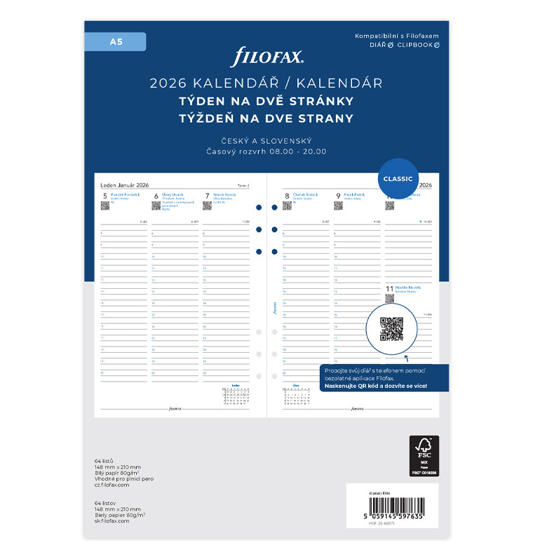 Filofax kalendář 2026 týden/2 strany, A5, ČJ+SJ 26-68571