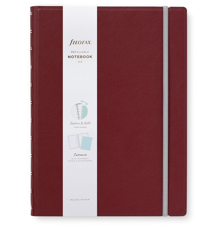 Filofax Contemporary A4 Refillable Notebook in Burgundy with packaging