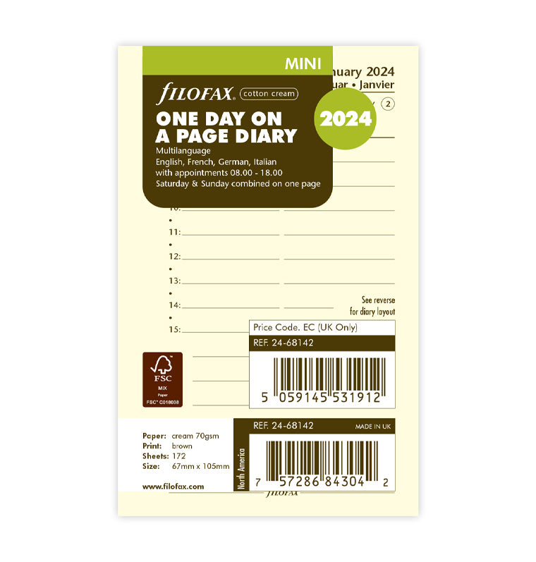 kalendář den/1 strana s poznámkami 2024, Mini, krémový, 4 jazyky - Filofax