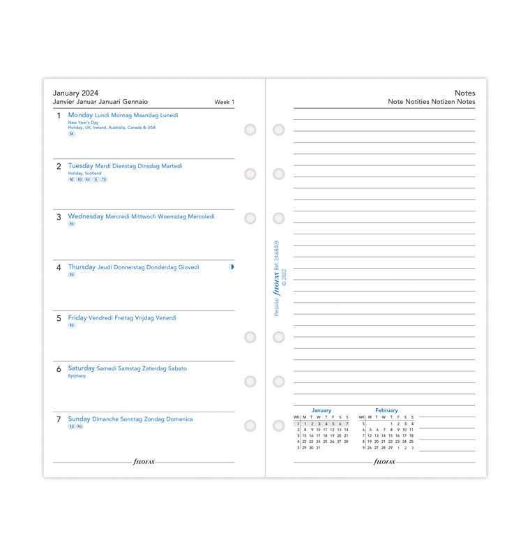 kalendář týden/1 strana s poznámkami 2024, Osobní, 5 jazyků - Filofax