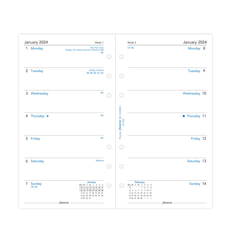 kalendář týden/1 strana 2024, Osobní, anglický - Filofax