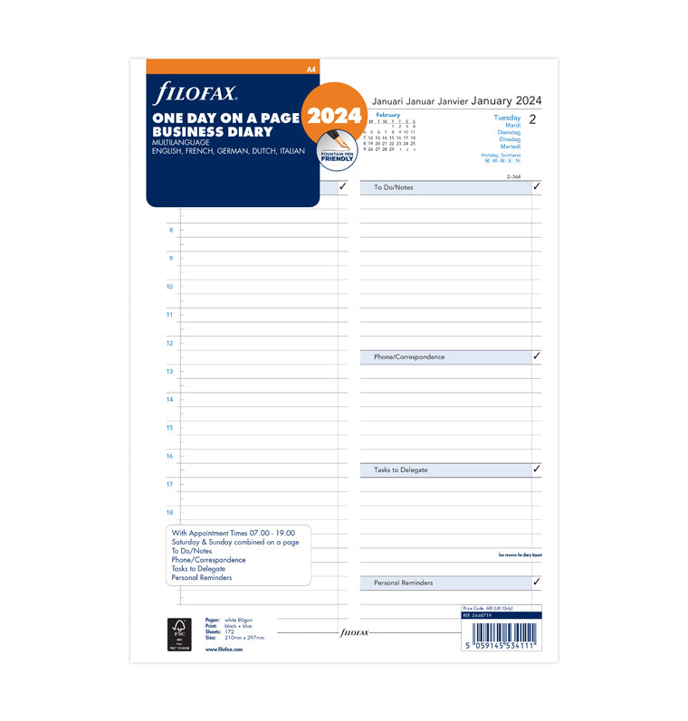 kalendář den/1 strana 2024, A4, business, 5 jazyků - Filofax