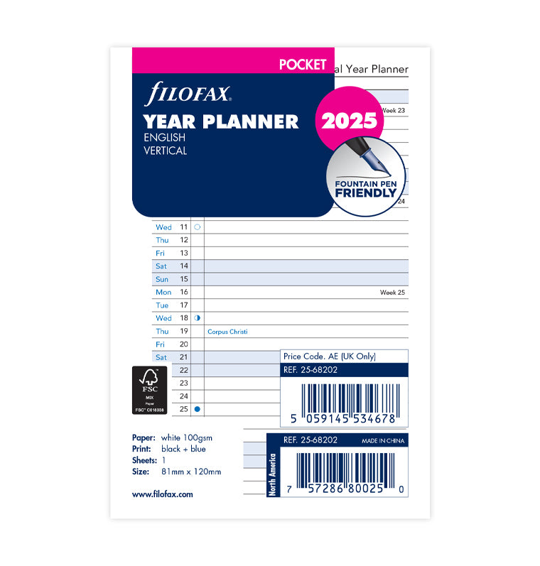 plánovací kalendář 2025, Kapesní, vertikální, anglický - Filofax
