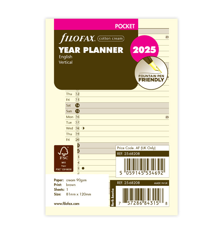 plánovací kalendář 2025, Kapesní, vertikální krémový, anglický - Filofax